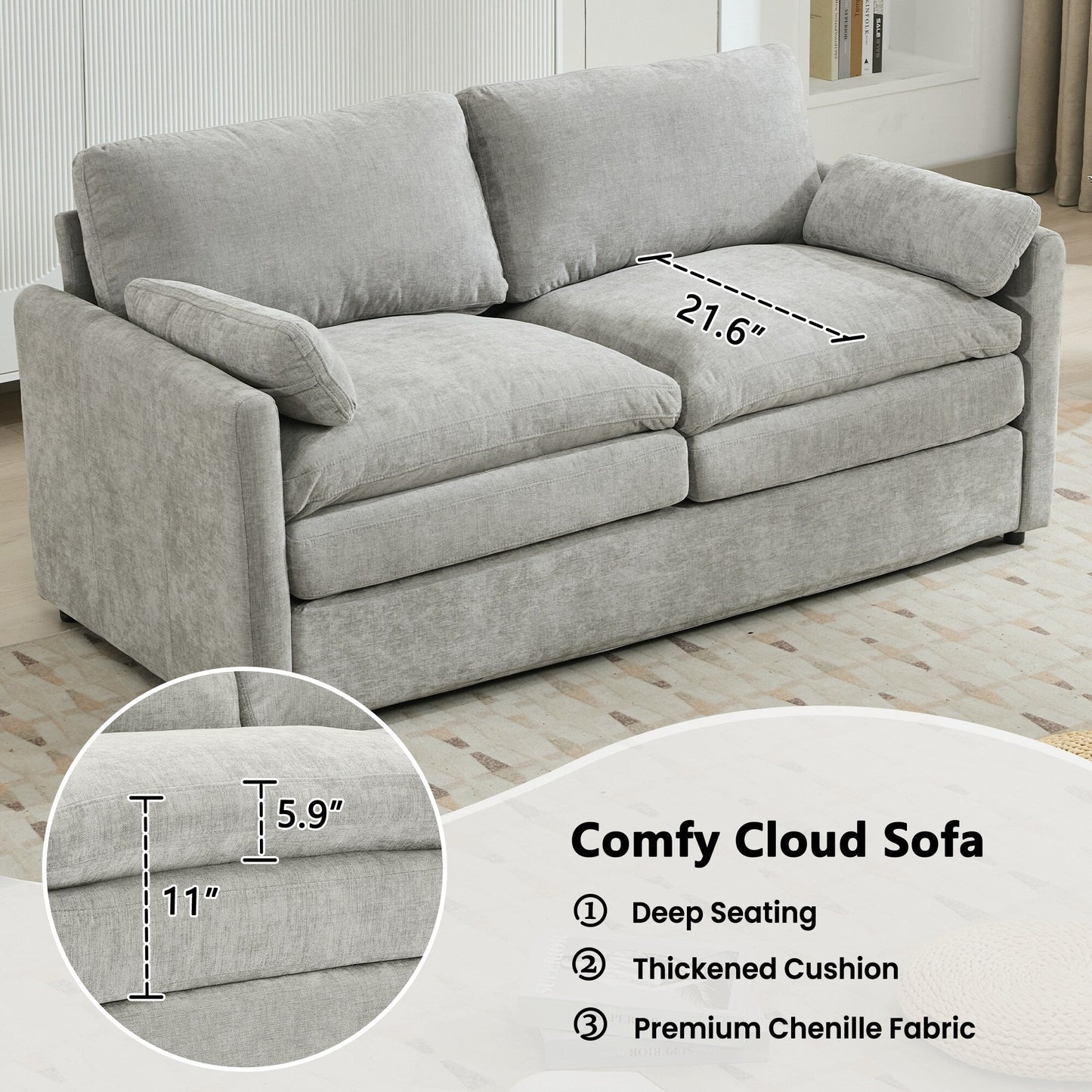 Canapé causeuse surdimensionné et confortable en forme de nuage avec coussin double moelleux pour le salon, gris clair