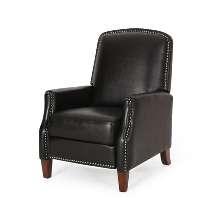 Fauteuil inclinable en cuir synthétique marron foncé avec rivets, confortable pour le salon.