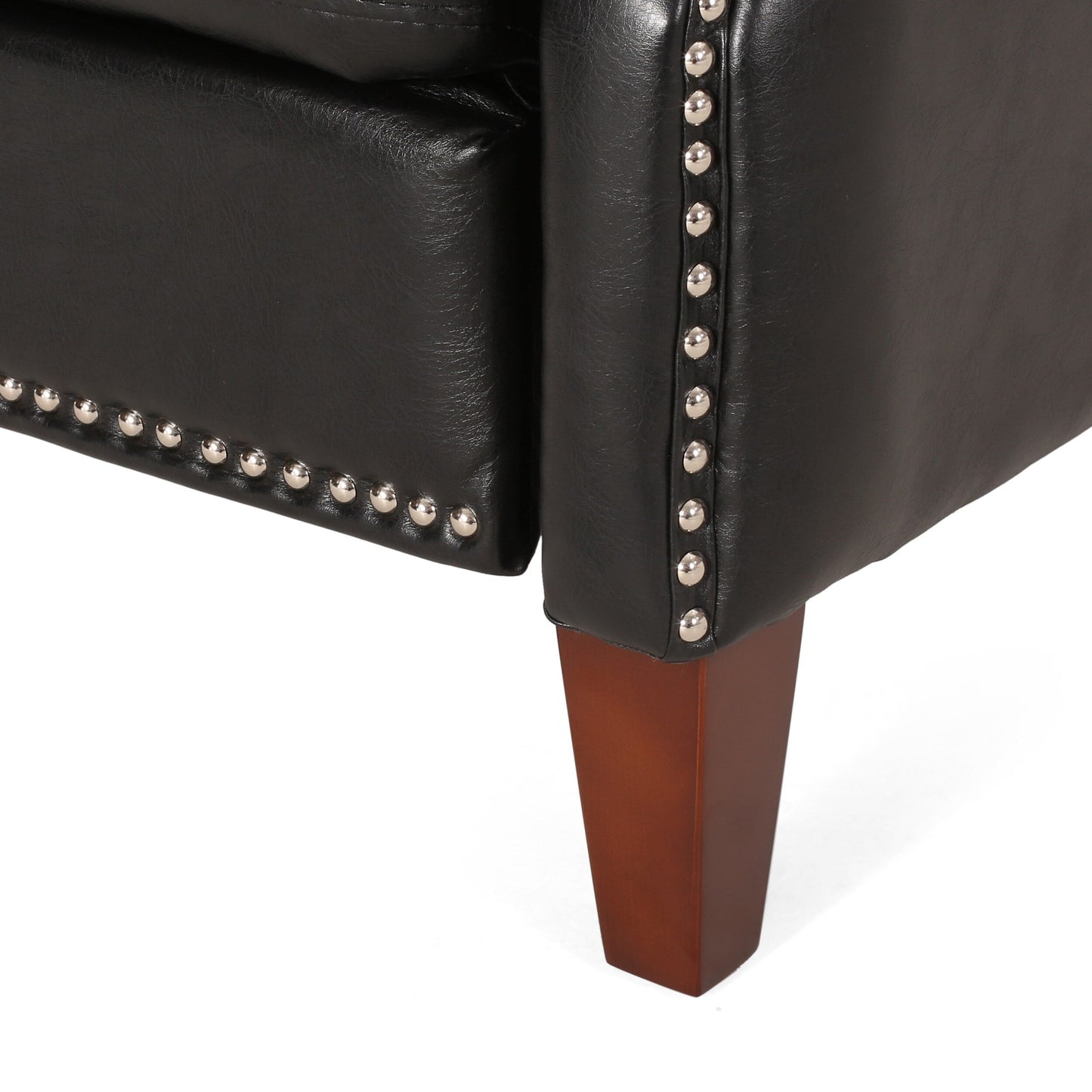 Fauteuil inclinable en cuir synthétique marron foncé avec rivets, confortable pour le salon.