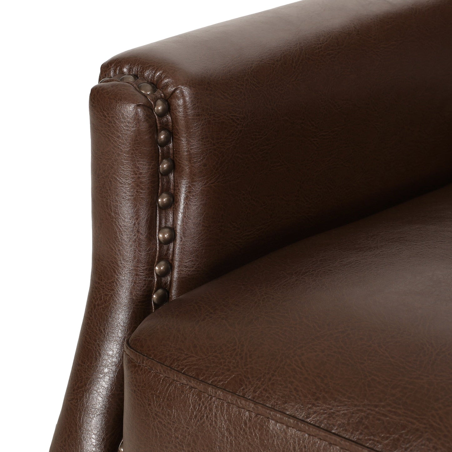 Fauteuil inclinable en cuir synthétique marron foncé avec rivets, confortable pour le salon.