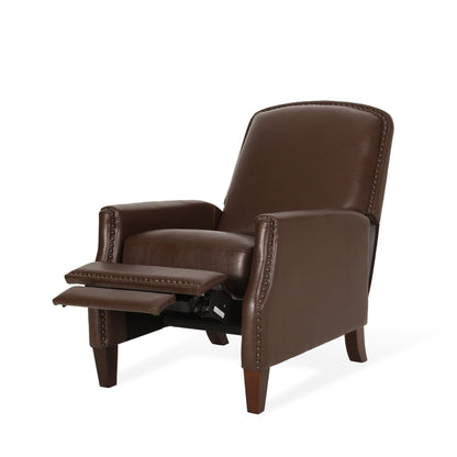 Fauteuil inclinable en cuir synthétique marron foncé avec rivets, confortable pour le salon.