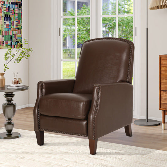 Fauteuil inclinable en cuir synthétique marron foncé avec rivets, confortable pour le salon.