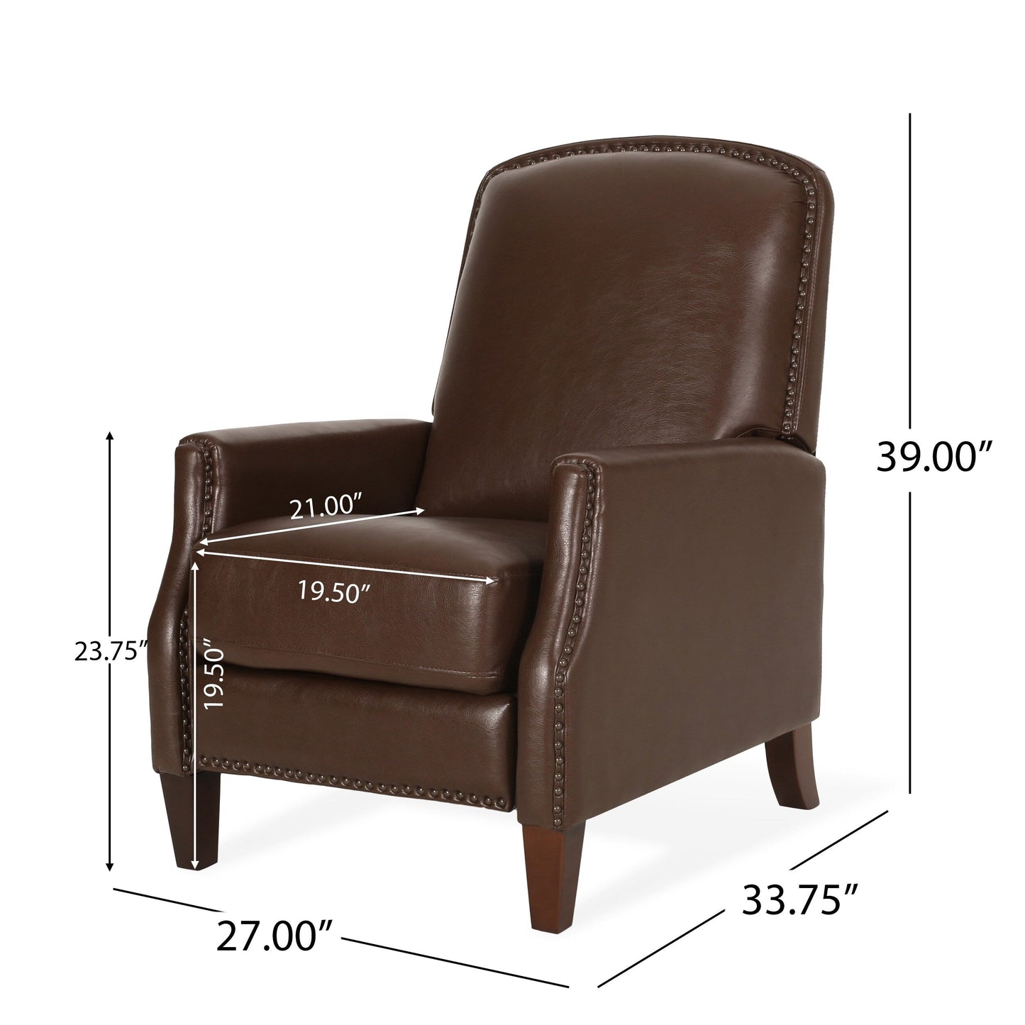 Fauteuil inclinable en cuir synthétique marron foncé avec rivets, confortable pour le salon.