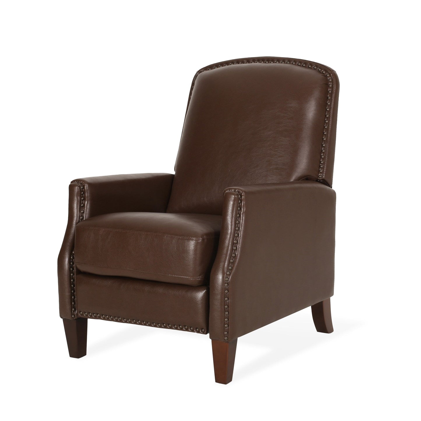 Fauteuil inclinable en cuir synthétique marron foncé avec rivets, confortable pour le salon.