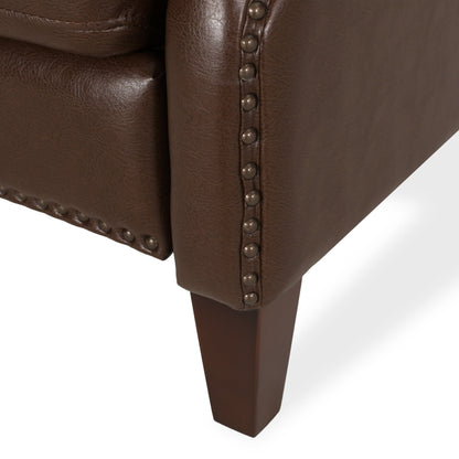 Fauteuil inclinable en cuir synthétique marron foncé avec rivets, confortable pour le salon.