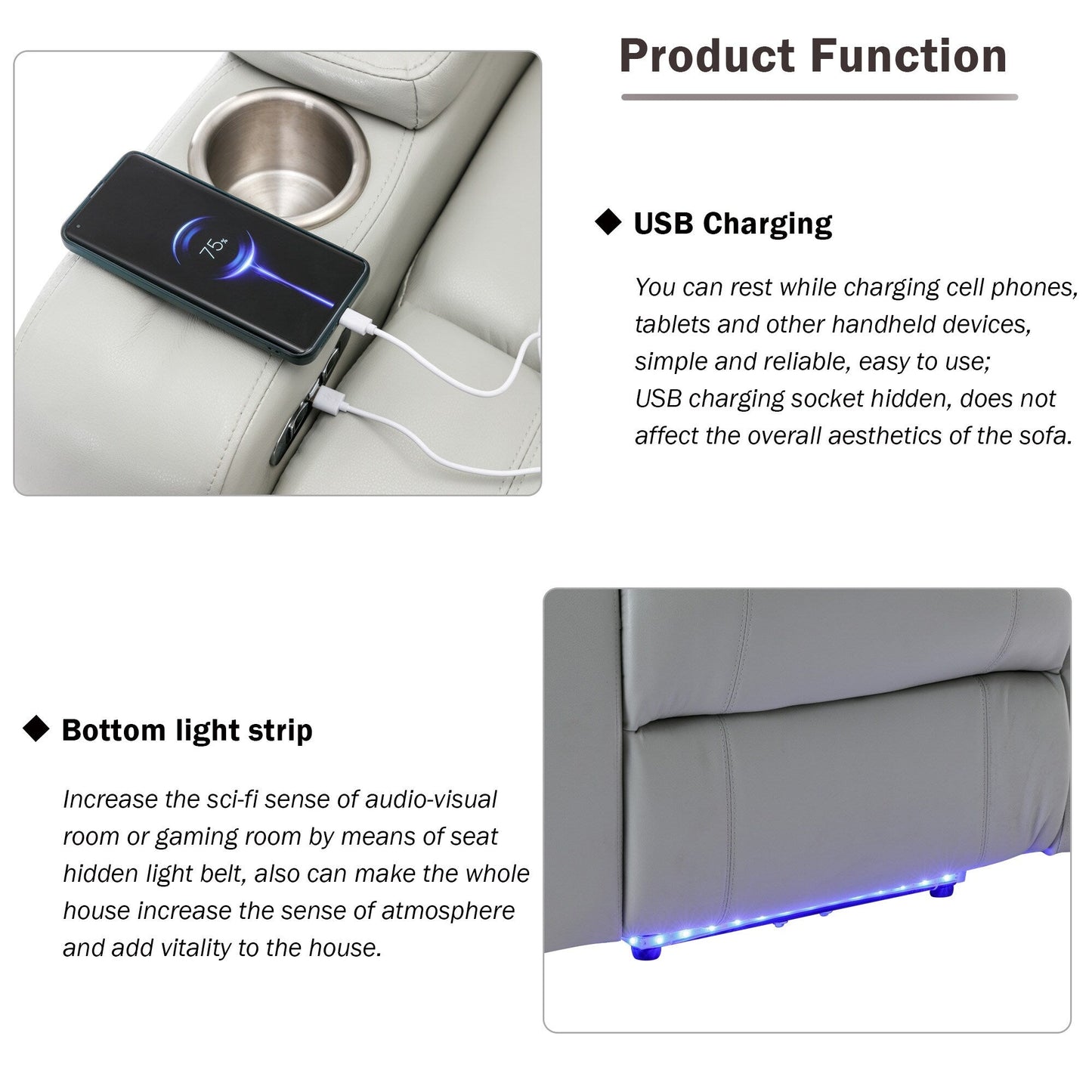 Fauteuil inclinable électrique Roomfitters avec port USB, rangement dissimulé pour les accoudoirs, porte-gobelet et haut-parleur Bluetooth