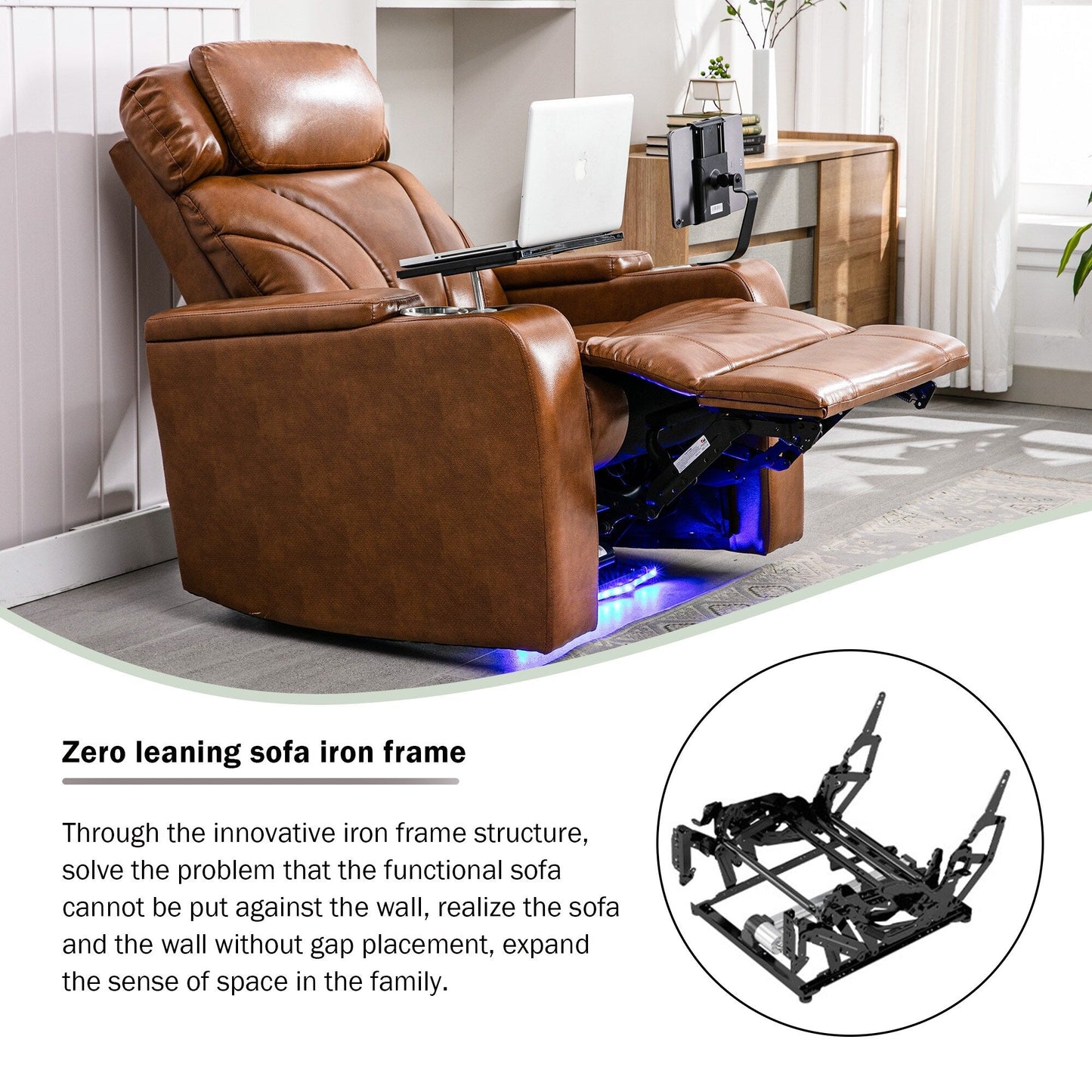Fauteuil inclinable électrique Roomfitters avec port USB, rangement dissimulé pour les accoudoirs, porte-gobelet et haut-parleur Bluetooth