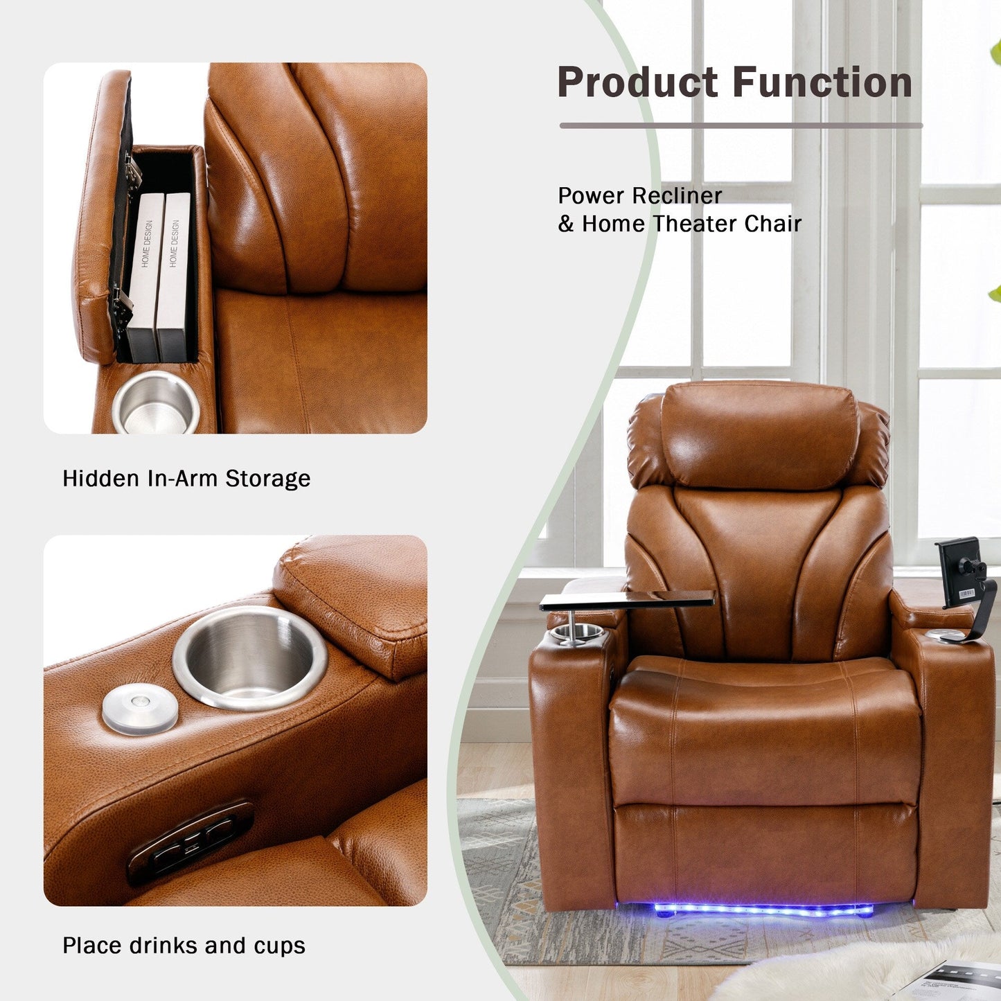 Fauteuil inclinable électrique Roomfitters avec port USB, rangement dissimulé pour les accoudoirs, porte-gobelet et haut-parleur Bluetooth
