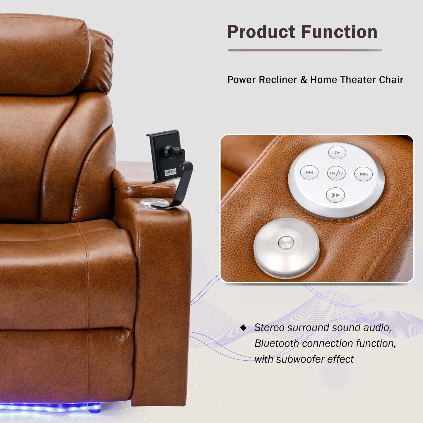 Fauteuil inclinable électrique Roomfitters avec port USB, rangement dissimulé pour les accoudoirs, porte-gobelet et haut-parleur Bluetooth