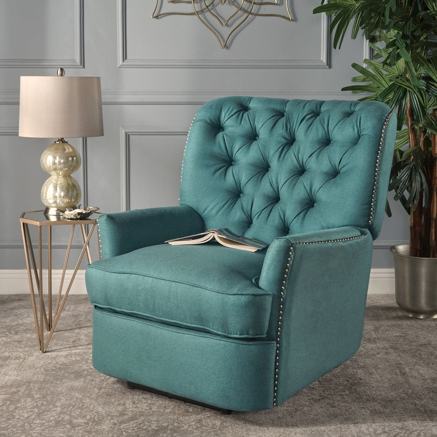 Fauteuil inclinable électrique Roomfitters avec touches cuivrées et revêtement moelleux, fauteuil de salon confortable, bleu sarcelle