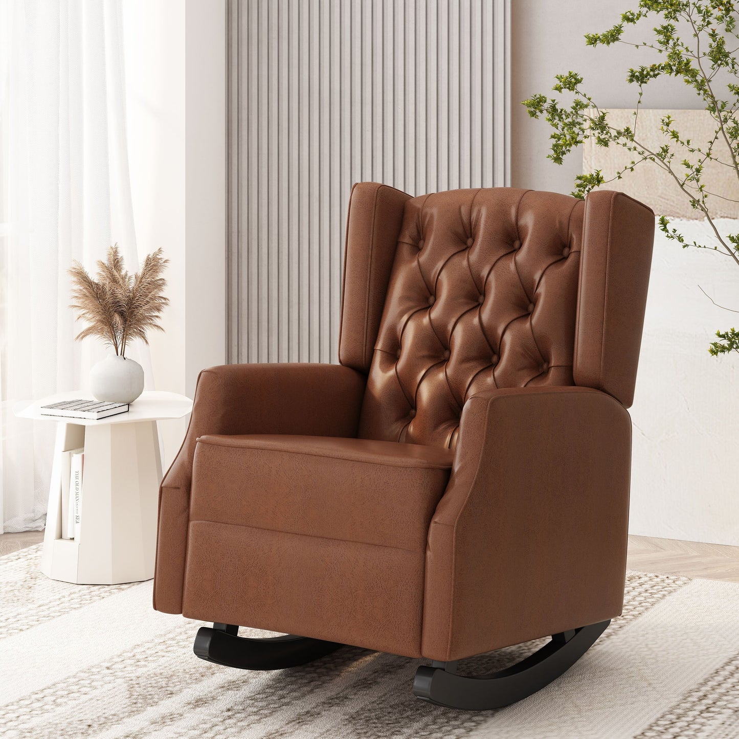 Fauteuil à bascule en similicuir Roomfitters avec capitonnage à boutons et design à oreilles, chaise d'appoint rembourrée pour chambre d'enfant