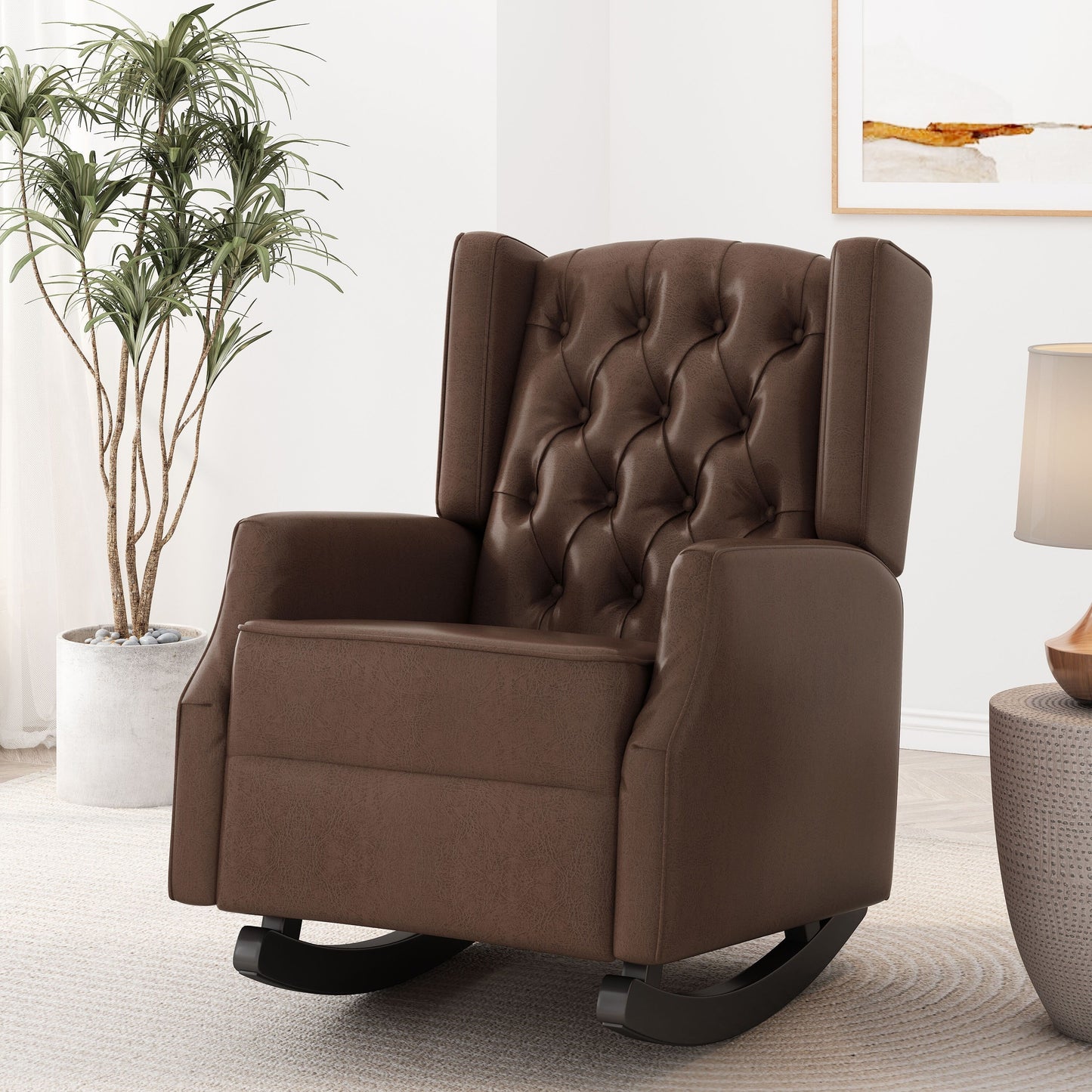 Fauteuil à bascule en similicuir Roomfitters avec capitonnage à boutons et design à oreilles, chaise d'appoint rembourrée pour chambre d'enfant