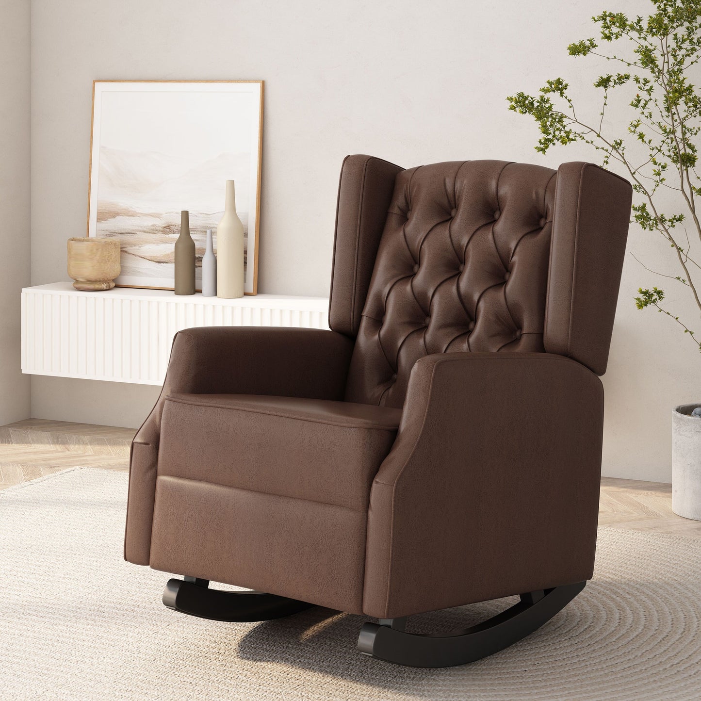 Fauteuil à bascule en similicuir Roomfitters avec capitonnage à boutons et design à oreilles, chaise d'appoint rembourrée pour chambre d'enfant