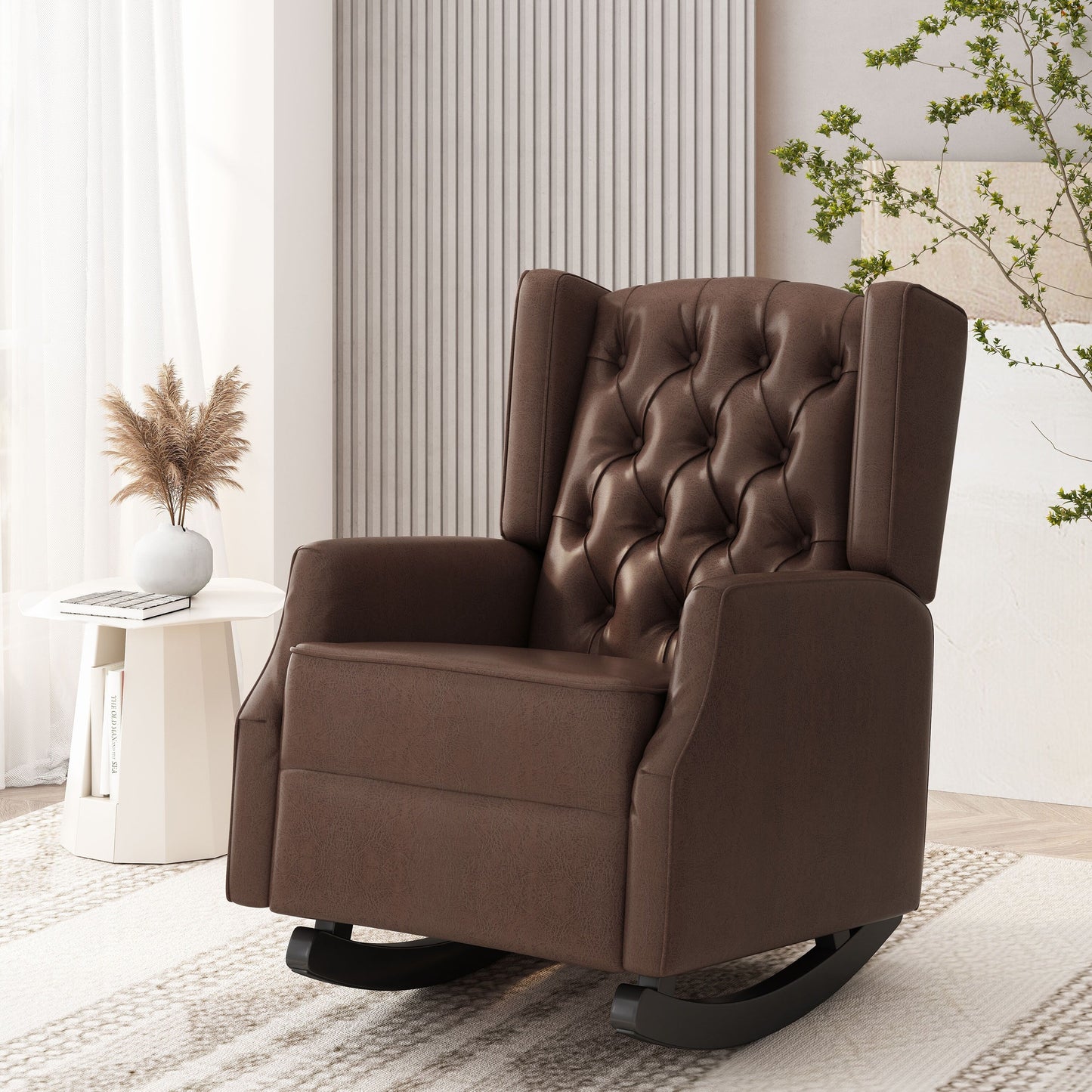 Fauteuil à bascule en similicuir Roomfitters avec capitonnage à boutons et design à oreilles, chaise d'appoint rembourrée pour chambre d'enfant