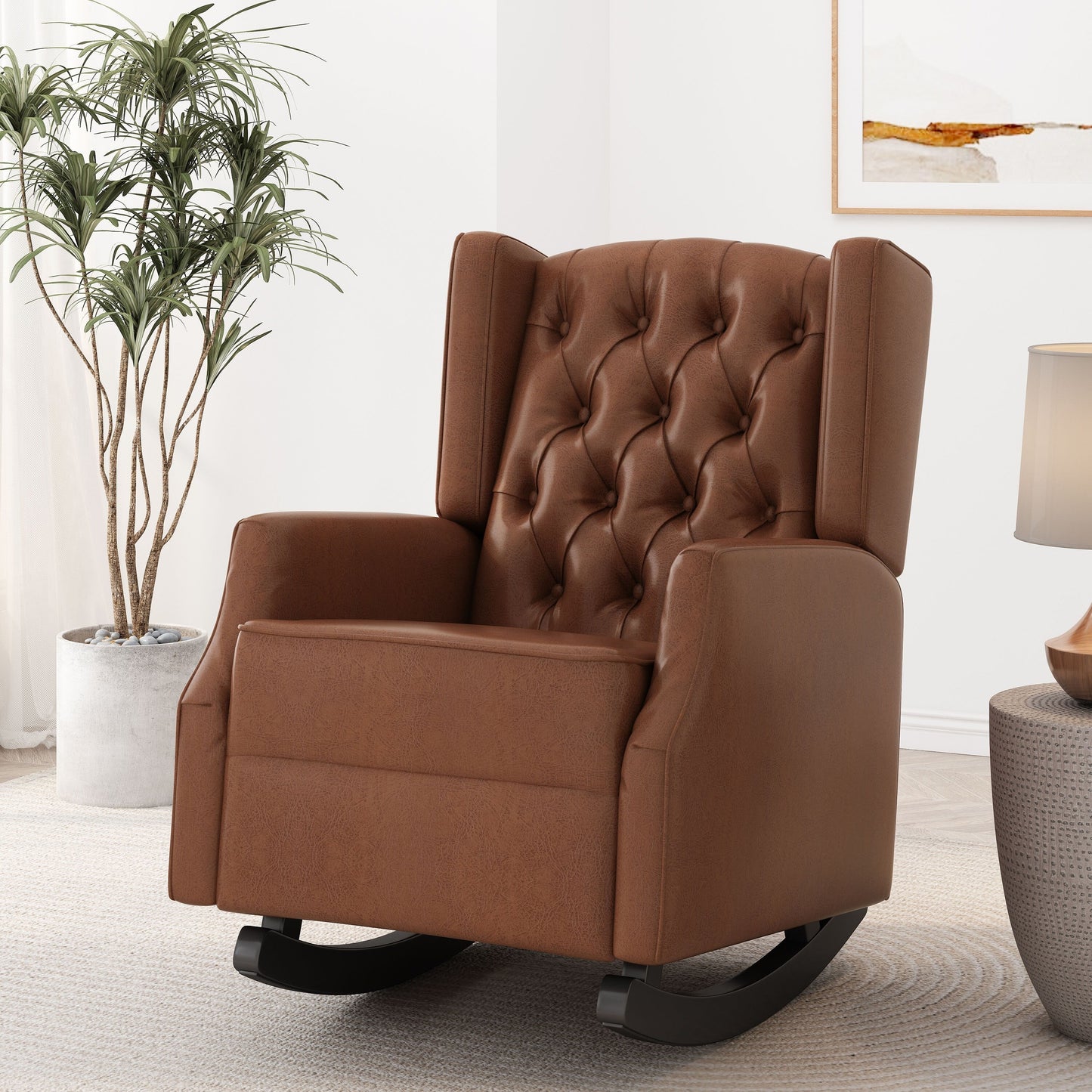 Fauteuil à bascule en similicuir Roomfitters avec capitonnage à boutons et design à oreilles, chaise d'appoint rembourrée pour chambre d'enfant