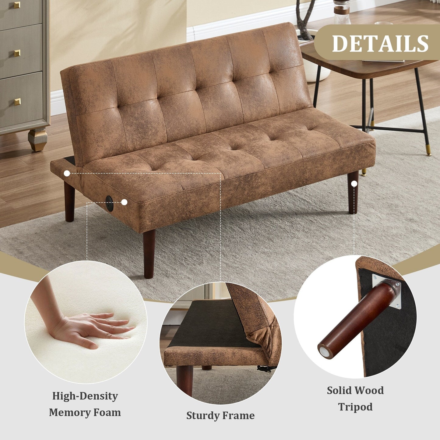 Canapé-lit pliable en flanelle Roomfitters, futon inclinable réglable avec port de charge pour salon, chambre ou bureau