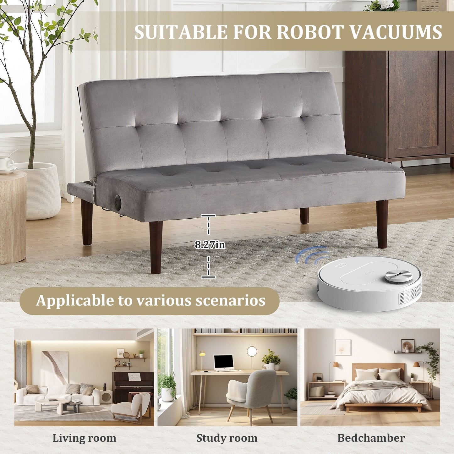 Canapé-lit pliable en flanelle Roomfitters, futon inclinable réglable avec port de charge pour salon, chambre ou bureau