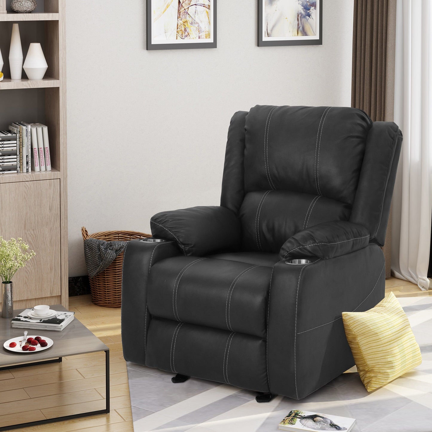 Fauteuil inclinable Roomfitters avec porte-gobelets en acier, confortable pour salon et chambre, noir