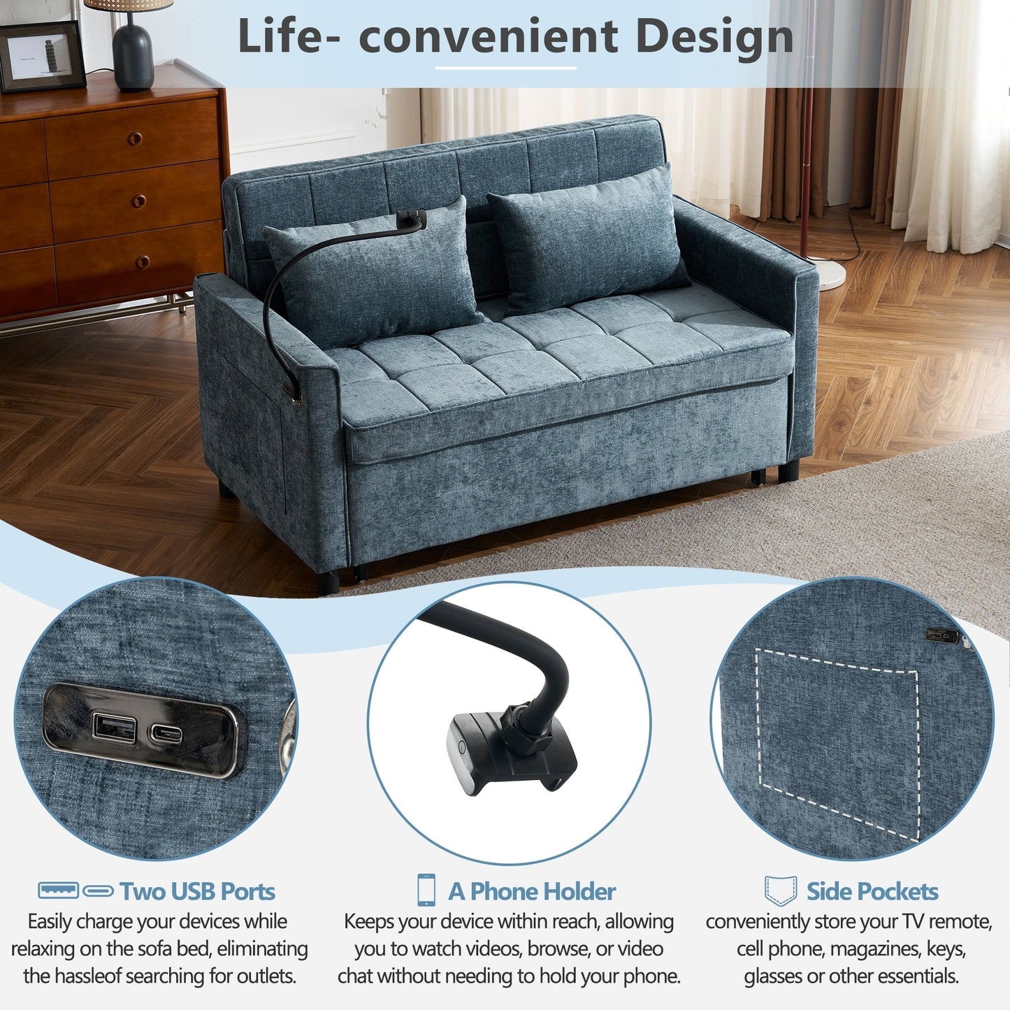 Canapé-lit gigogne Roomfitters avec coussin de dossier réversible, poches latérales, ports USB et support pour téléphone