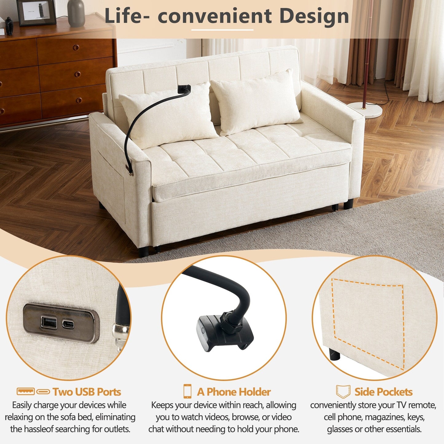 Canapé-lit gigogne Roomfitters avec coussin de dossier réversible, poches latérales, ports USB et support pour téléphone