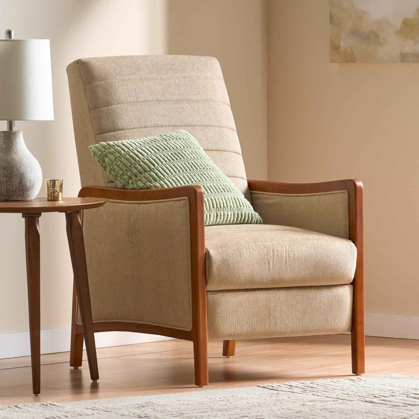 Fauteuil inclinable en tissu et bois, style moderne du milieu du siècle, élégant et inclinable pour le salon.