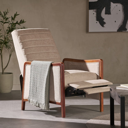 Fauteuil inclinable en tissu et bois, style moderne du milieu du siècle, élégant et inclinable pour le salon.