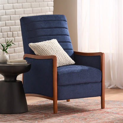Fauteuil inclinable en tissu et bois, style moderne du milieu du siècle, élégant et inclinable pour le salon.
