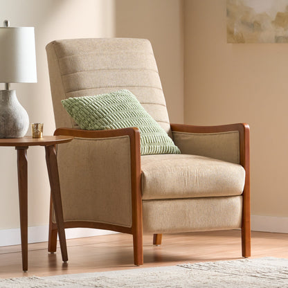 Fauteuil inclinable en tissu et bois, style moderne du milieu du siècle, élégant et inclinable pour le salon.
