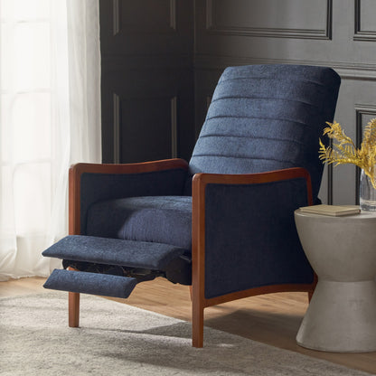 Fauteuil inclinable en tissu et bois, style moderne du milieu du siècle, élégant et inclinable pour le salon.