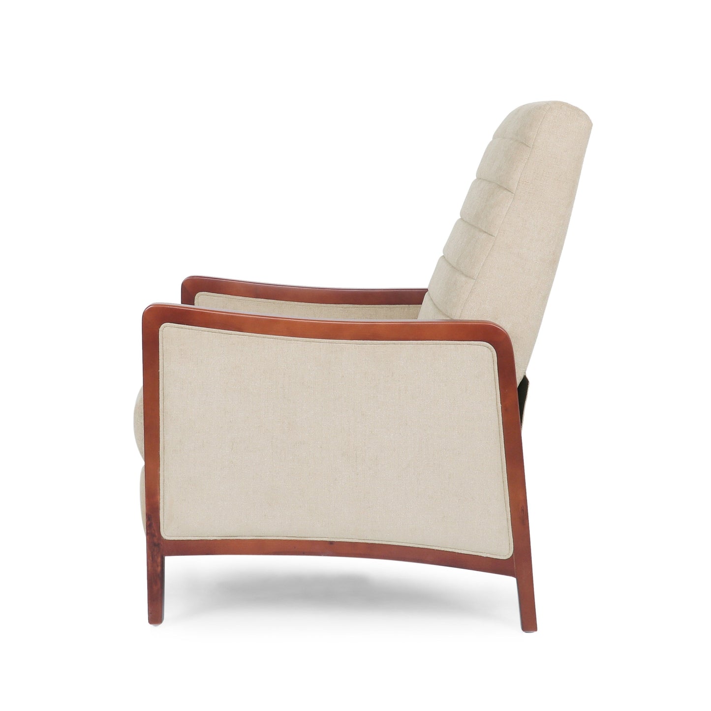 Fauteuil inclinable en tissu et bois, style moderne du milieu du siècle, élégant et inclinable pour le salon.
