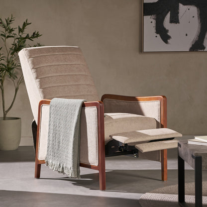 Fauteuil inclinable en tissu et bois, style moderne du milieu du siècle, élégant et inclinable pour le salon.