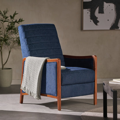 Fauteuil inclinable en tissu et bois, style moderne du milieu du siècle, élégant et inclinable pour le salon.