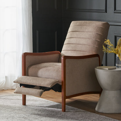 Fauteuil inclinable en tissu et bois, style moderne du milieu du siècle, élégant et inclinable pour le salon.