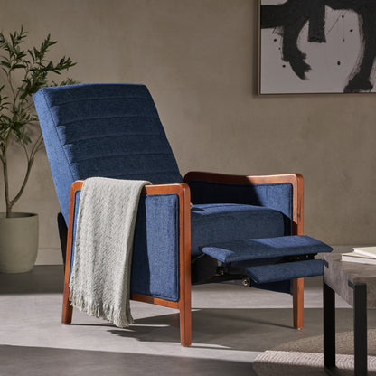 Fauteuil inclinable en tissu et bois, style moderne du milieu du siècle, élégant et inclinable pour le salon.