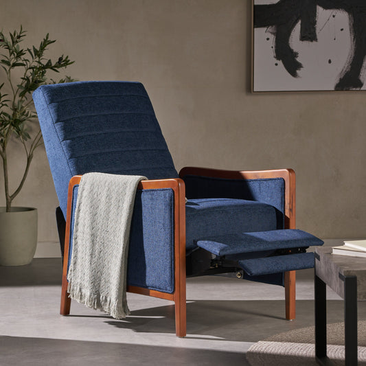 Fauteuil inclinable en tissu et bois, style moderne du milieu du siècle, élégant et inclinable pour le salon.