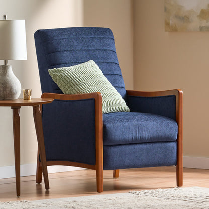 Fauteuil inclinable en tissu et bois, style moderne du milieu du siècle, élégant et inclinable pour le salon.