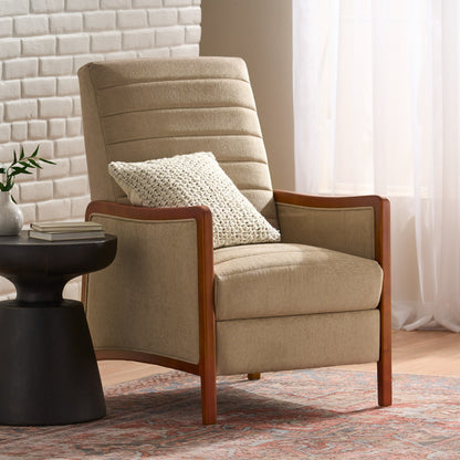 Fauteuil inclinable en tissu et bois, style moderne du milieu du siècle, élégant et inclinable pour le salon.
