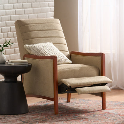 Fauteuil inclinable en tissu et bois, style moderne du milieu du siècle, élégant et inclinable pour le salon.
