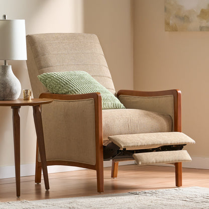 Fauteuil inclinable en tissu et bois, style moderne du milieu du siècle, élégant et inclinable pour le salon.