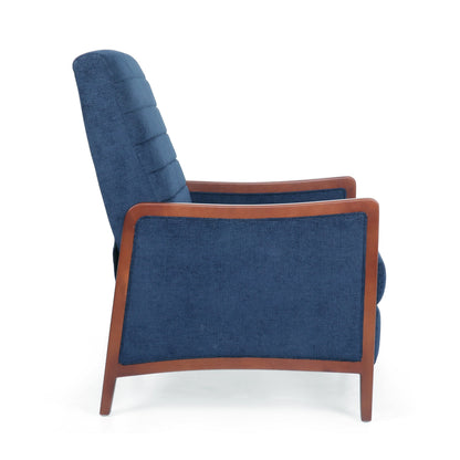 Fauteuil inclinable en tissu et bois, style moderne du milieu du siècle, élégant et inclinable pour le salon.