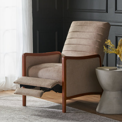 Fauteuil inclinable en tissu et bois, style moderne du milieu du siècle, élégant et inclinable pour le salon.