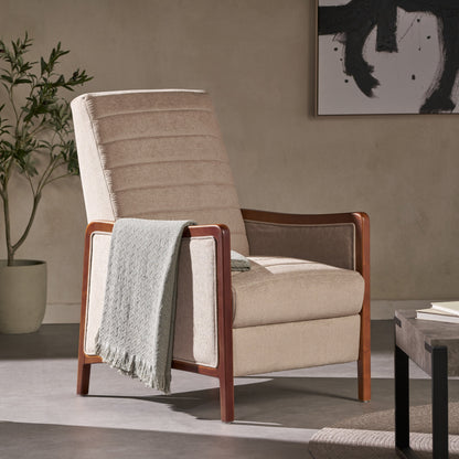 Fauteuil inclinable en tissu et bois, style moderne du milieu du siècle, élégant et inclinable pour le salon.