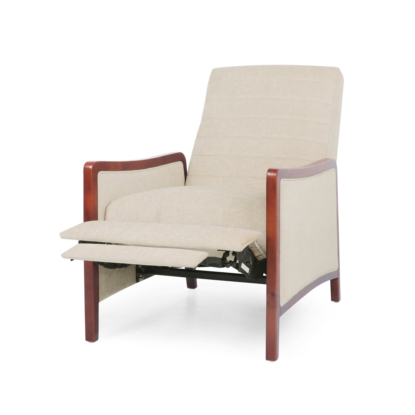 Fauteuil inclinable en tissu et bois, style moderne du milieu du siècle, élégant et inclinable pour le salon.