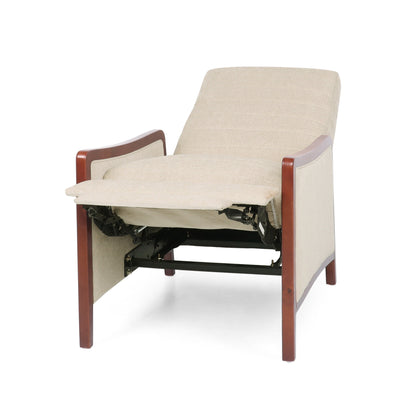 Fauteuil inclinable en tissu et bois, style moderne du milieu du siècle, élégant et inclinable pour le salon.