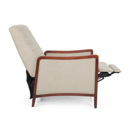 Fauteuil inclinable en tissu et bois, style moderne du milieu du siècle, élégant et inclinable pour le salon.