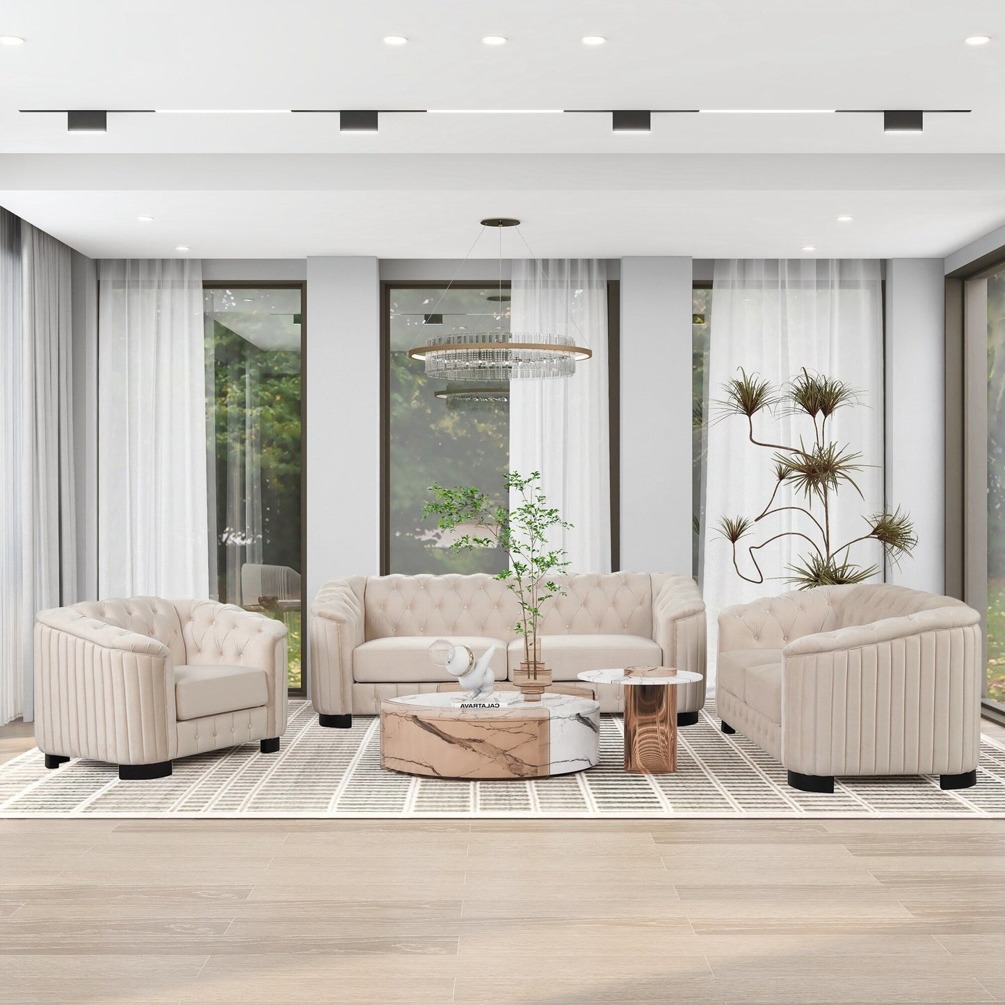 Ensemble de canapés modernes en velours 3 pièces Roomfitters avec pieds en bois d'hévéa comprenant un canapé trois places, une causeuse et une chaise pour le salon