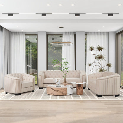 Ensemble de canapés modernes en velours 3 pièces Roomfitters avec pieds en bois d'hévéa comprenant un canapé trois places, une causeuse et une chaise pour le salon