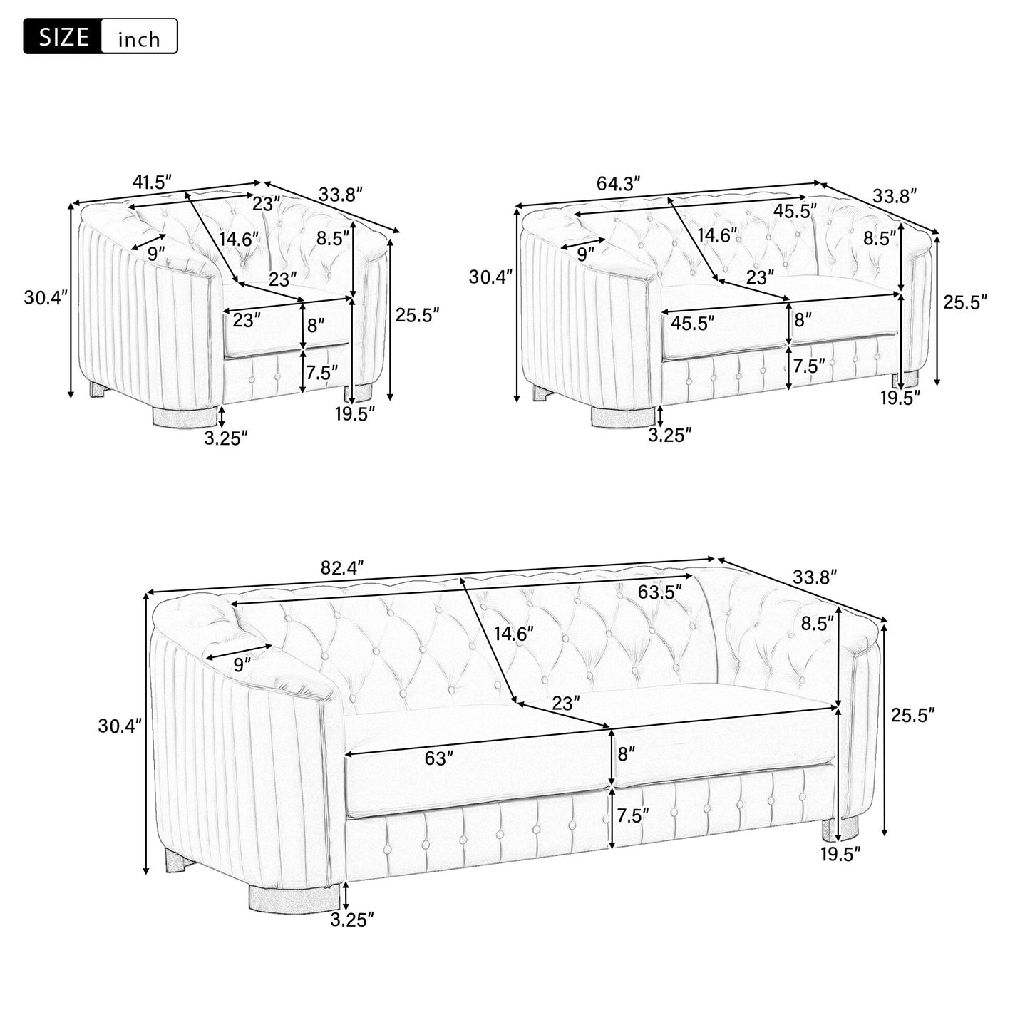 Ensemble de canapés modernes en velours 3 pièces Roomfitters avec pieds en bois d'hévéa comprenant un canapé trois places, une causeuse et une chaise pour le salon