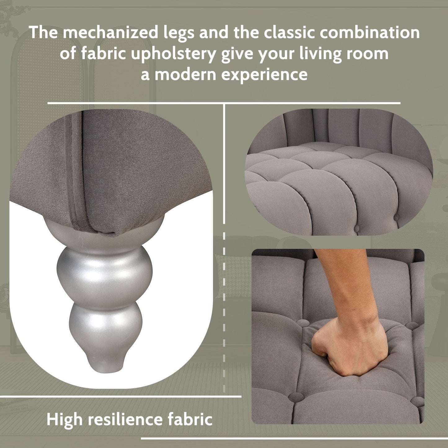 Ensemble de canapé moderne 3 pièces Roomfitters avec pieds en bois massif, dossier capitonné boutonné, ensemble de canapé rembourré en polaire hollandaise