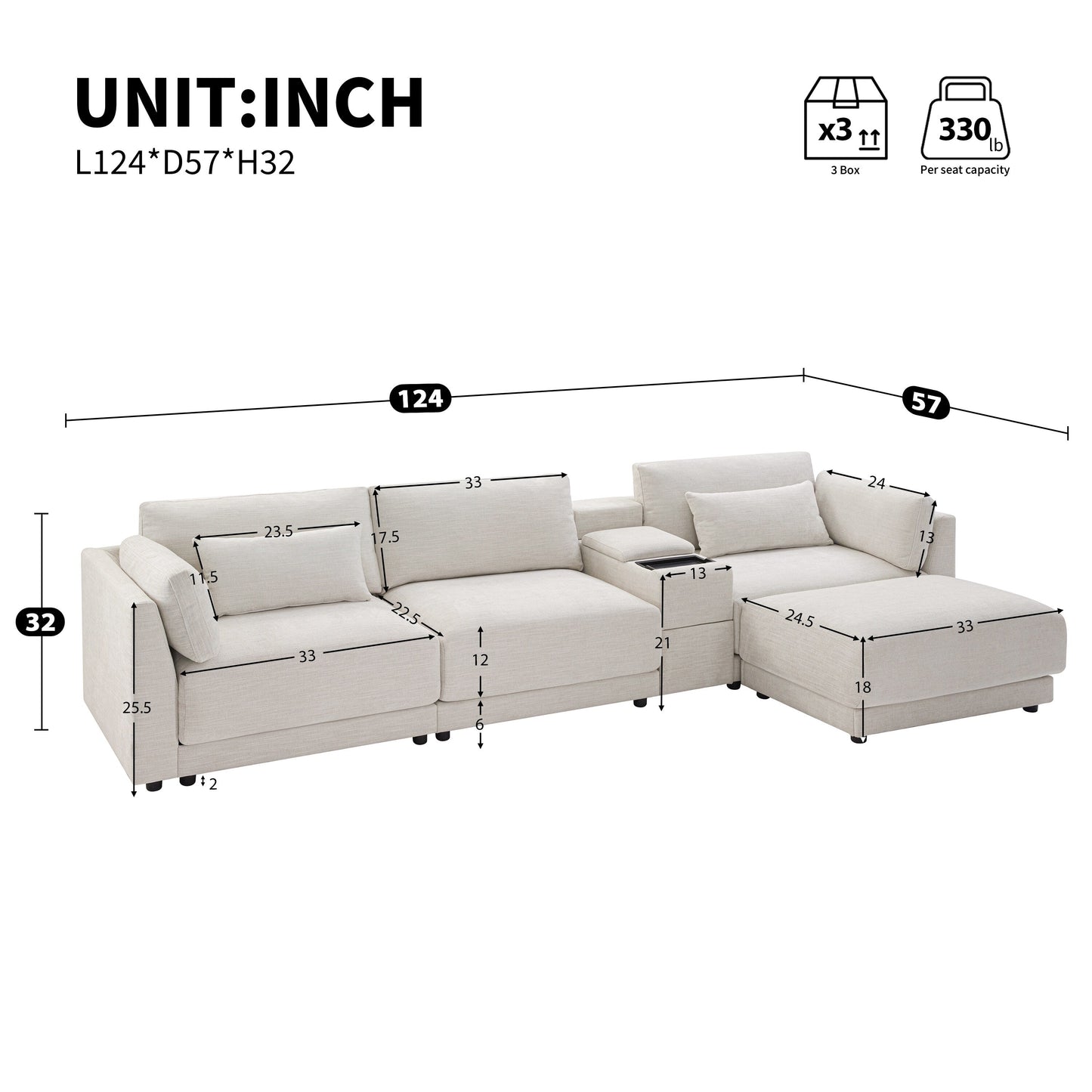Canapé modulaire en chenille Roomfitters avec console USB, pouf mobile et large canapé réversible 4 places en L